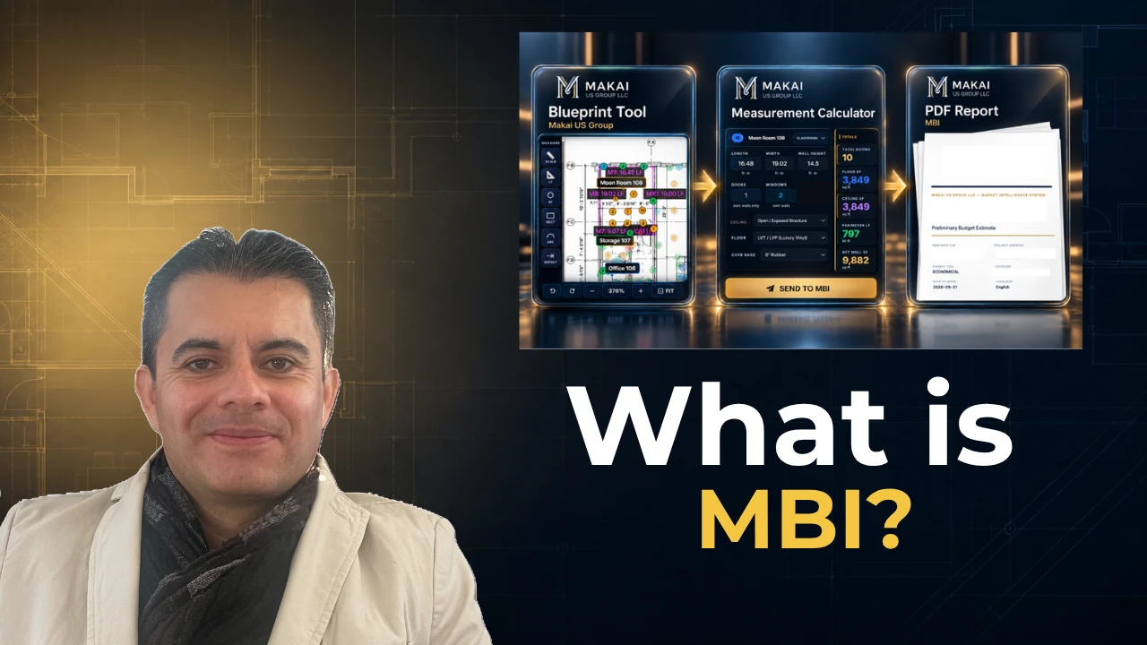 Camilo Cabrera, founder of MBI, next to the MBI Blueprint Tool, Measurement Calculator and AI analysis screens