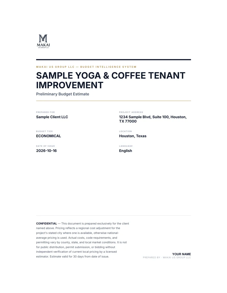 Report cover page with the logo, the project name, budget tier, location and date