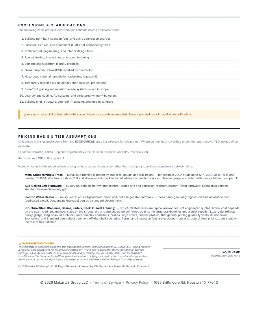 List of exclusions and the pricing basis section, followed by the disclaimer and signature line